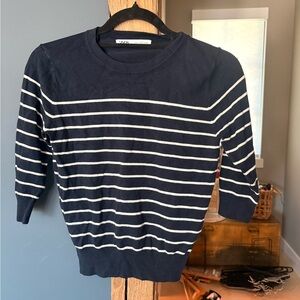 Zara Navy and White Striped Crewneck Sweater